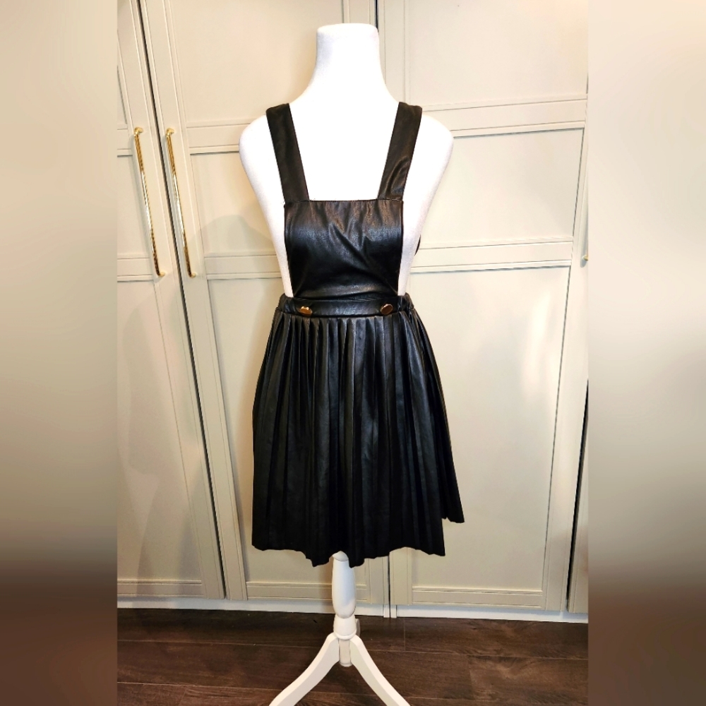 Faux Leather Overalls with Pleated Mini Skirt